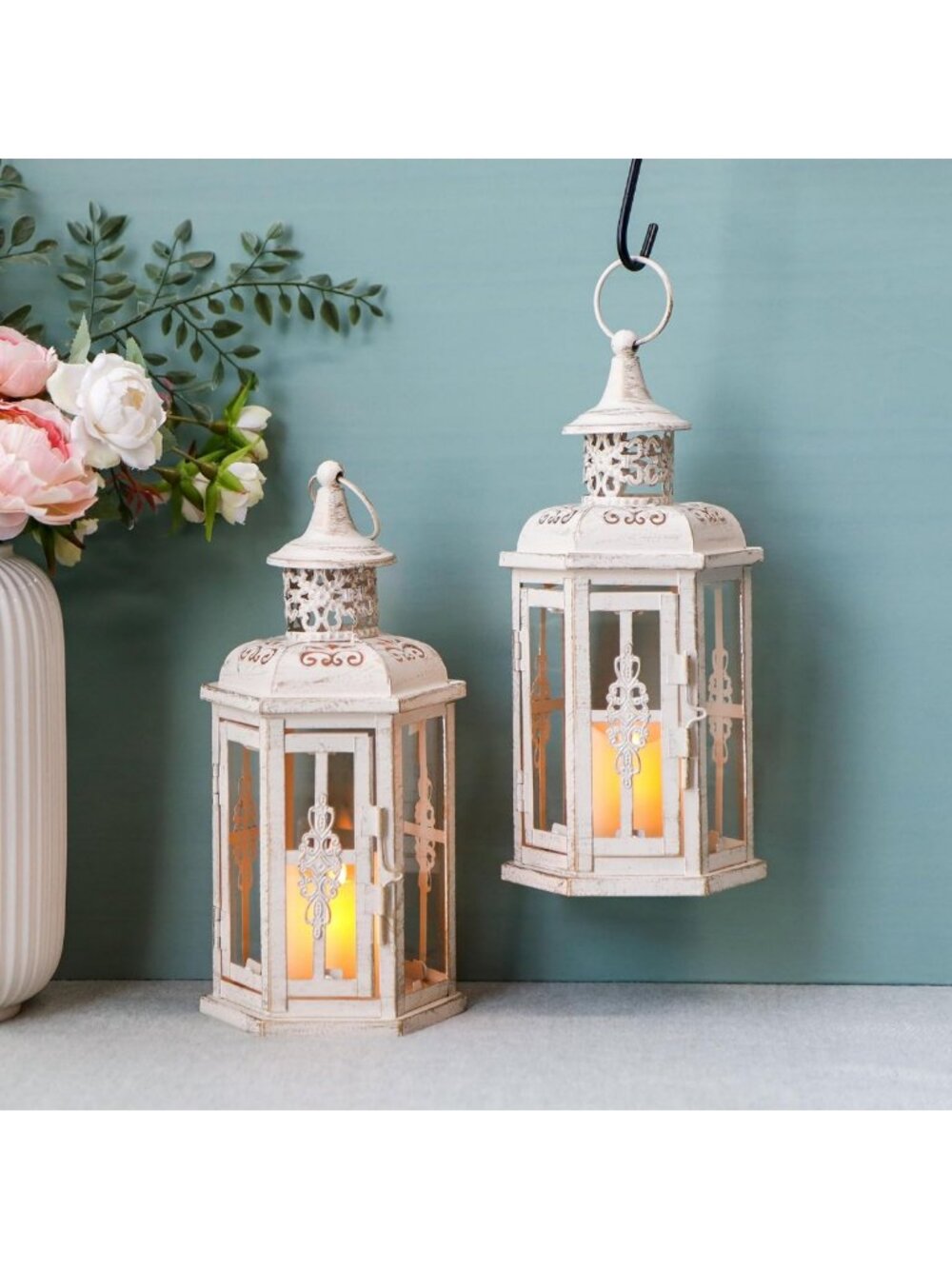 Set of 2 Rustic Vintage Hanging Lanterns - 10" Metal Candleholders for